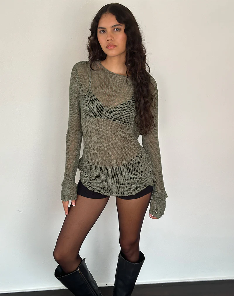 Rajiya Open Weave Jumper in Olive - Awmao