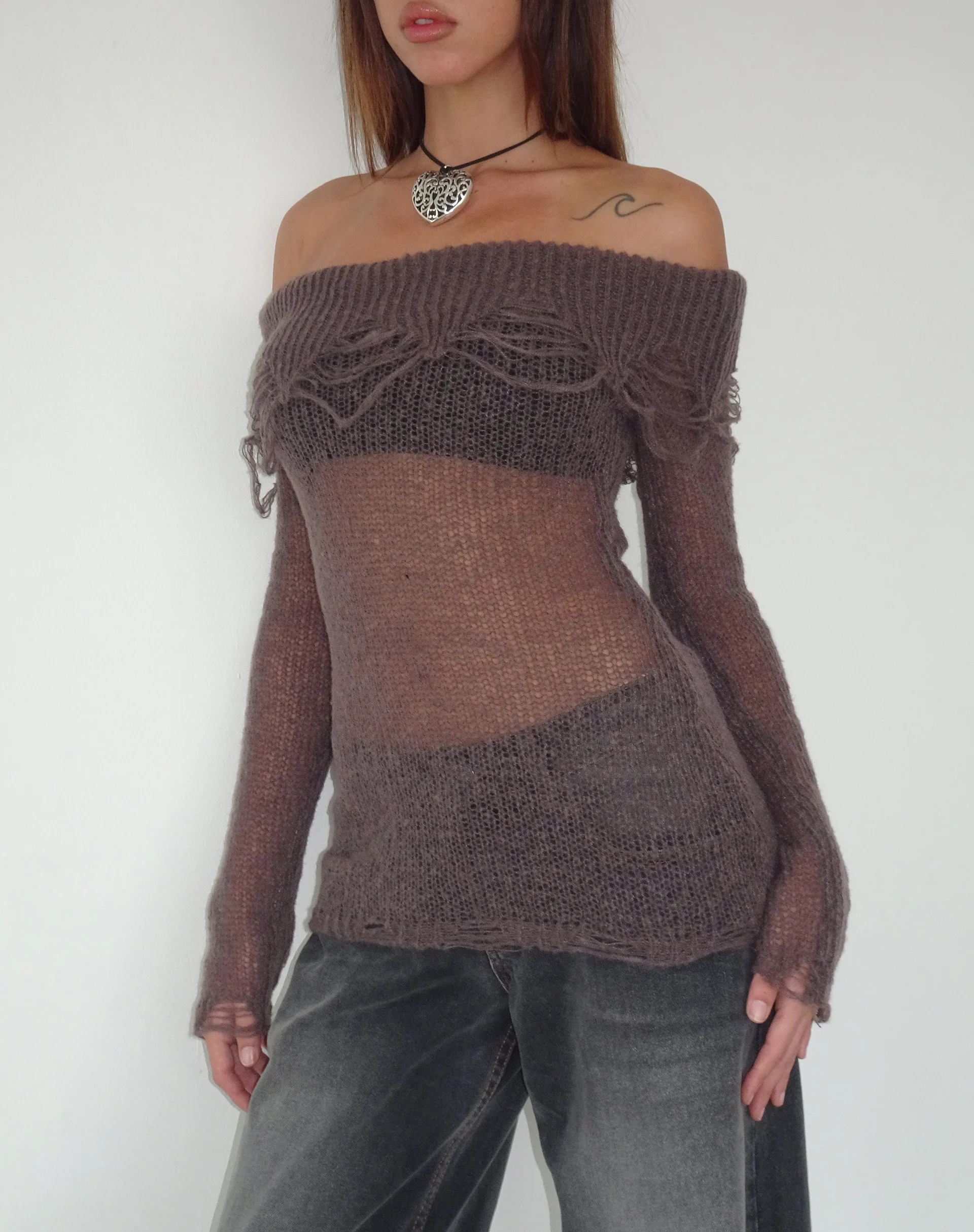 Milena Distress Knit Long Sleeve Bardot Top in Maroon - Awmao