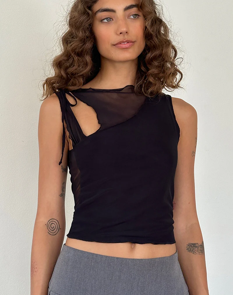Moni Tie Tank Top in Mesh Black - Awmao