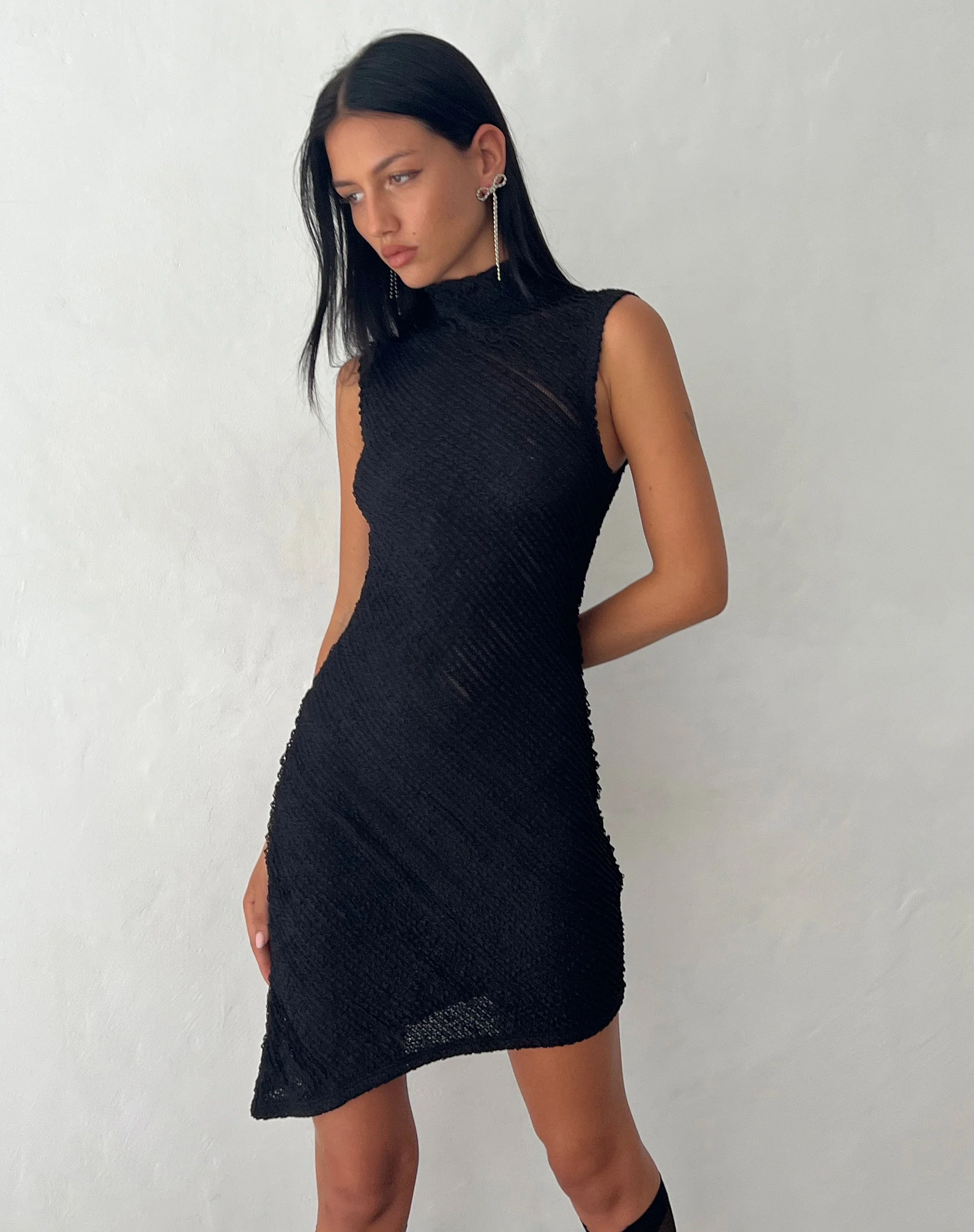 Ottilie Textured Asymmetric Mini Dress in Black - Awmao