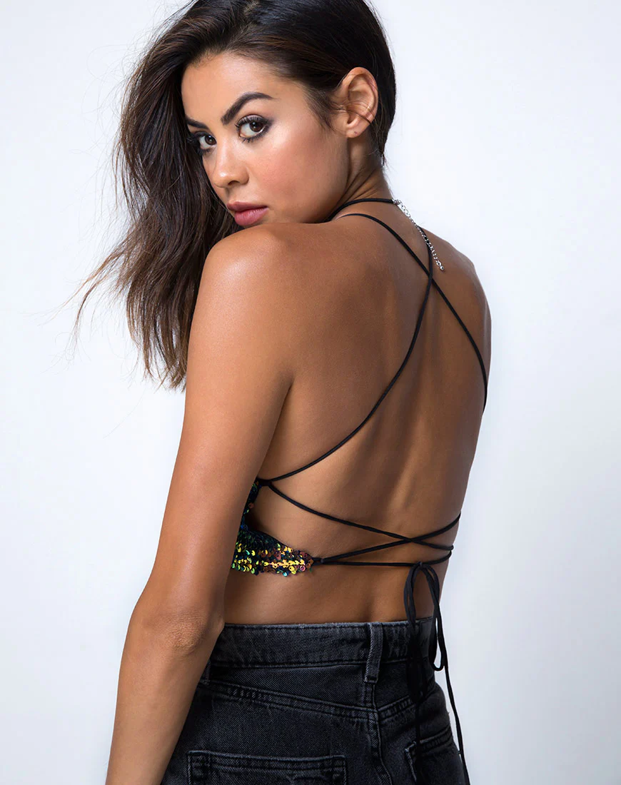 Kingsley Crop Top in Fishcale Sequin Pink Oil - Awmao