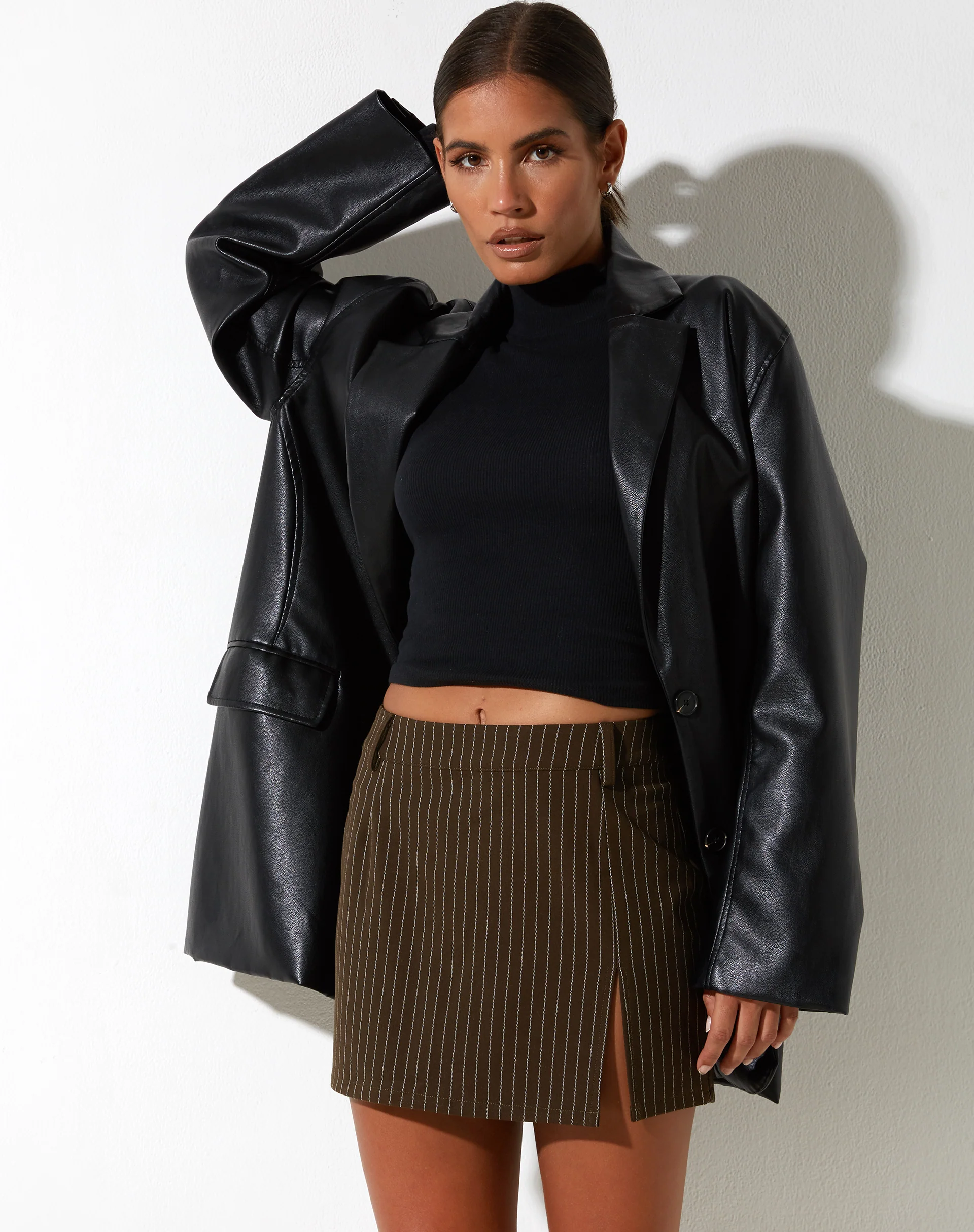 Pita Mini Skirt in Pinstripe Brown - Awmao