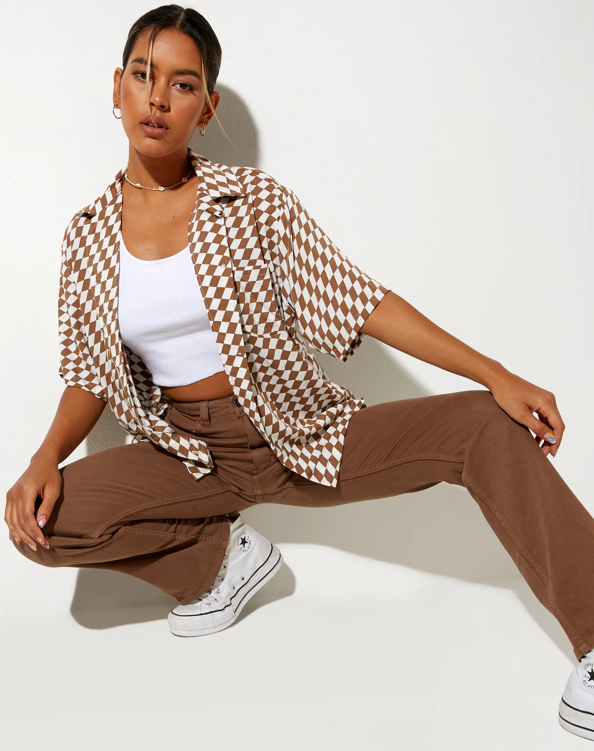 Hawaiian Shirt in Diagonal Checker Tan and Ivory - Awmao