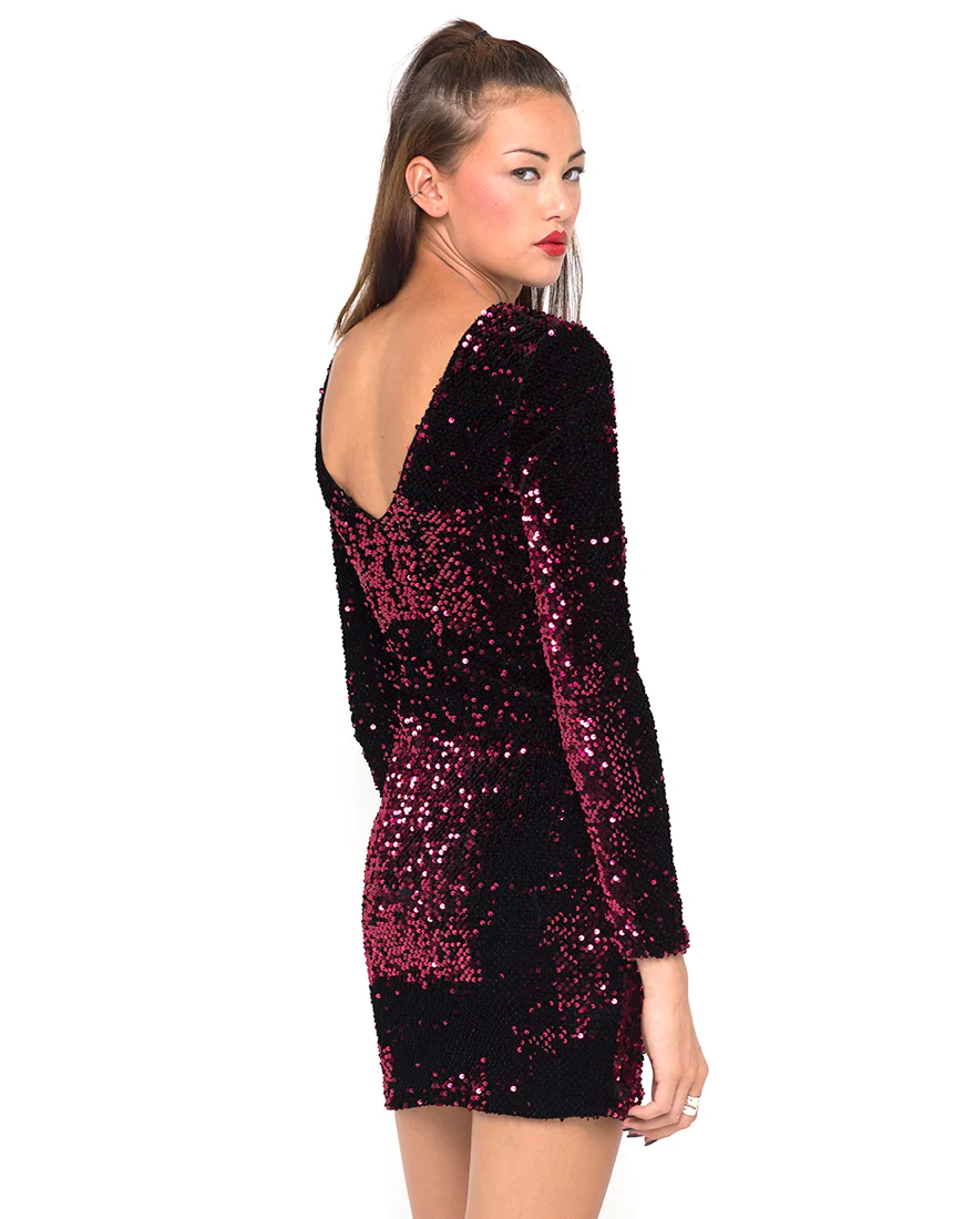 Motel Gabby Plunge Back Dress in Burgundy Sequin - Awmao
