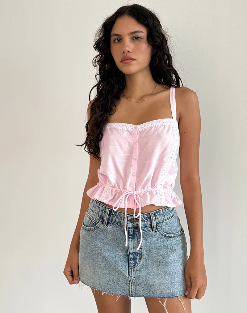 Zaria Tie Front Top in Light Pink with White Trim - Awmao