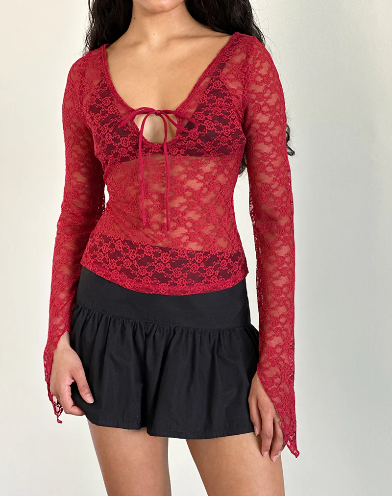 Natasha Tie Front Top in Mari Lace Red - Awmao