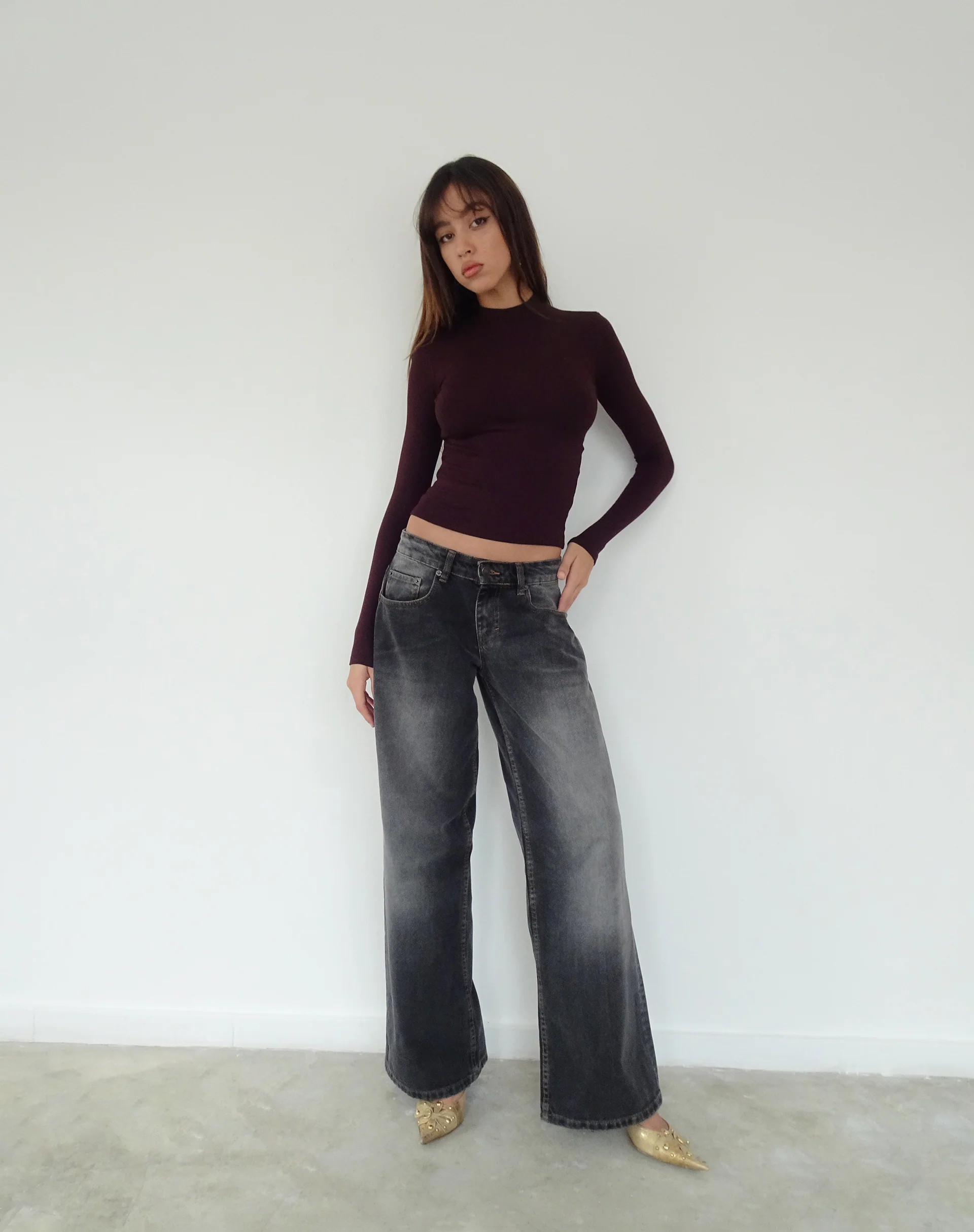 Mabel High-Neck Long Sleeve Ribbed Top in Oxblood - Awmao