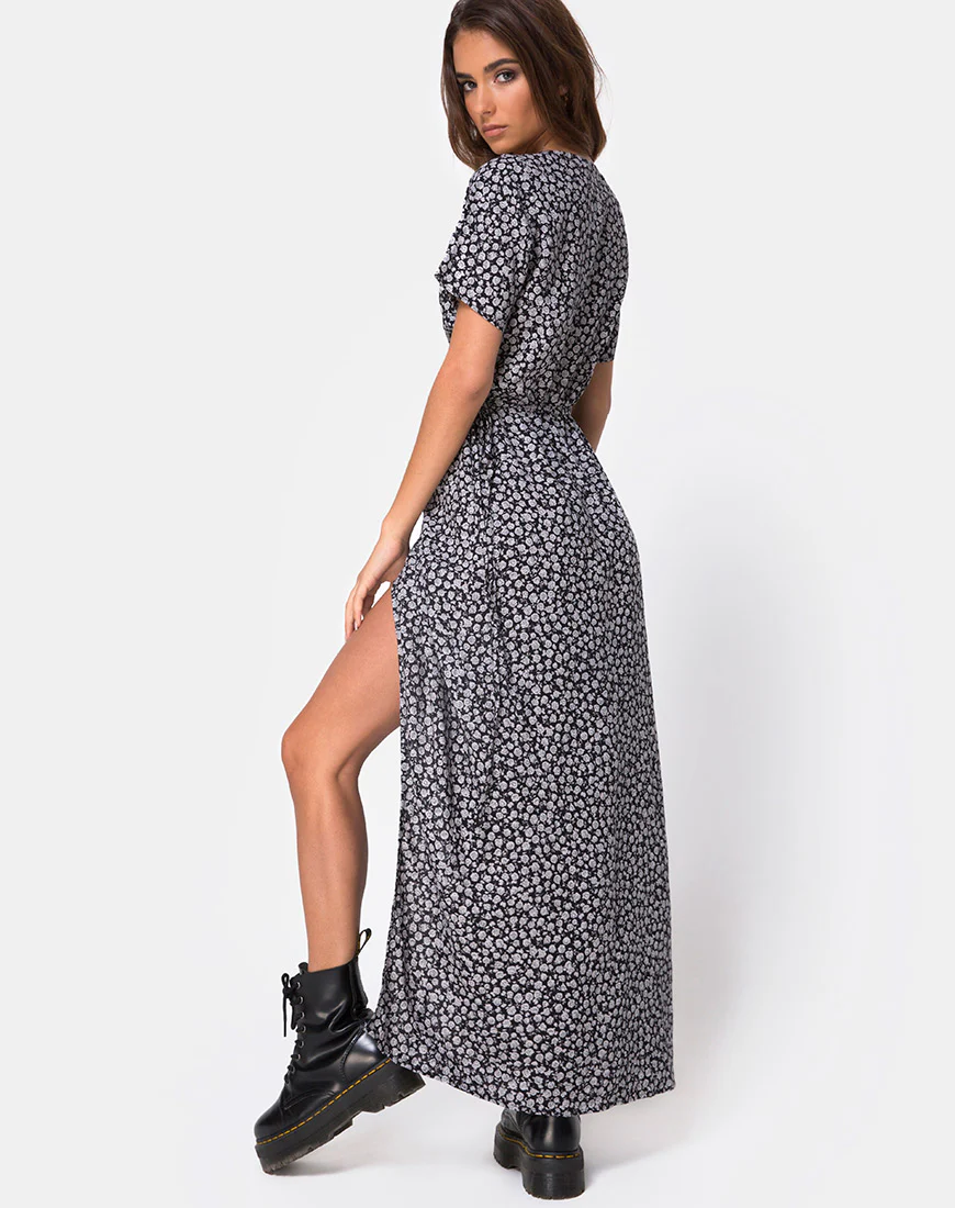 Riva Dress in Ditsy Rose Black - Awmao
