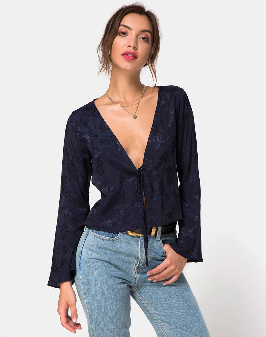 Merida Blouse in Satin Rose Navy - Awmao