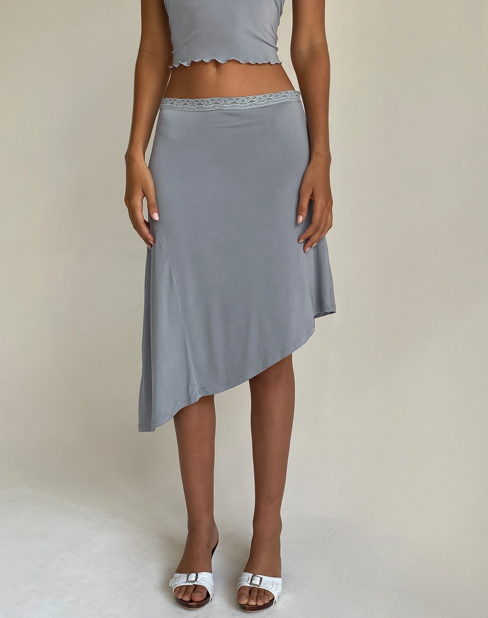 Drew Asymmetric Midi Skirt in Slinky Grey - Awmao