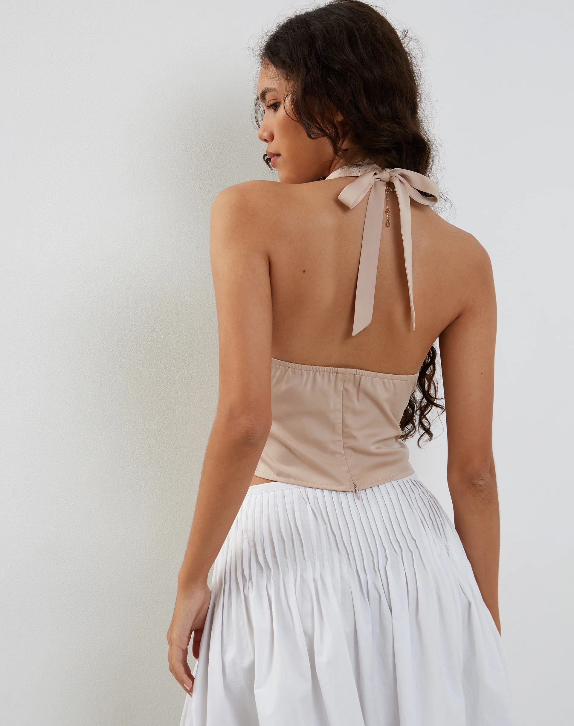 Mutsuki Halterneck Top in Satin Champagne - Awmao