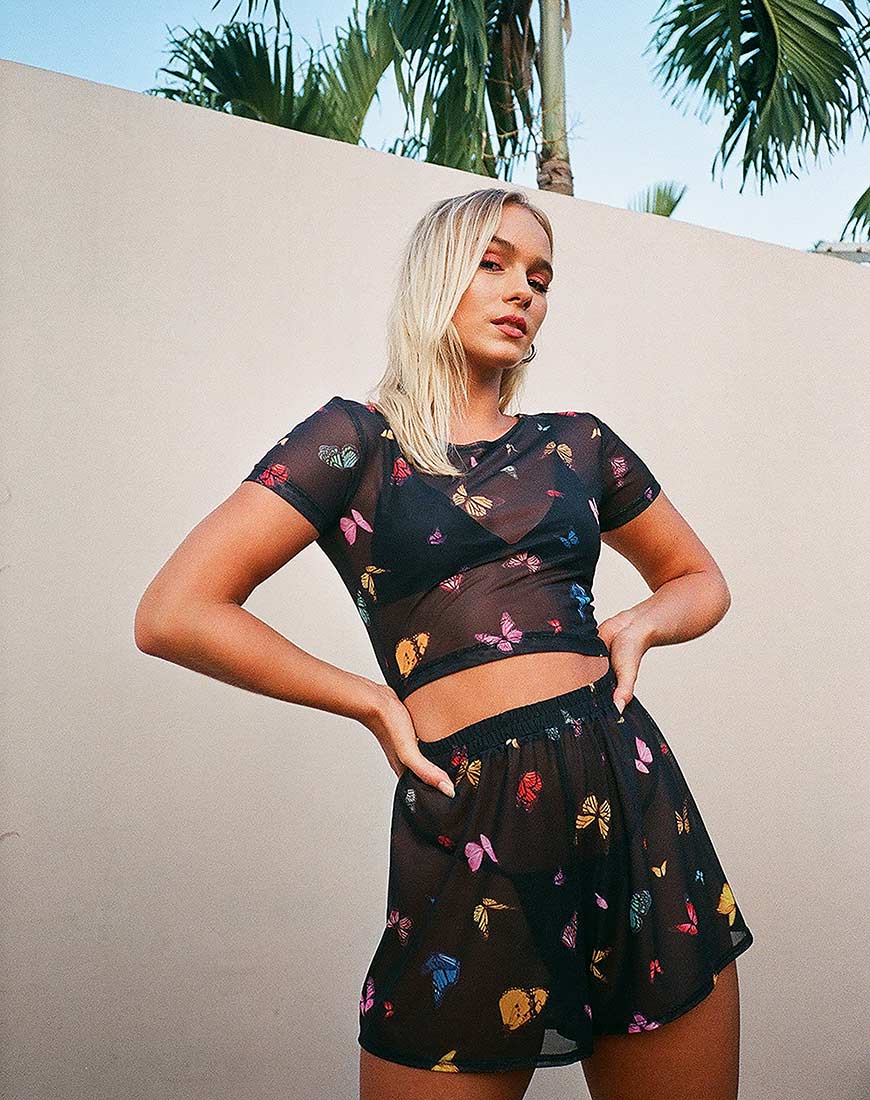 Tiney Crop Top Tee in Mesh Black Butterfly - Awmao