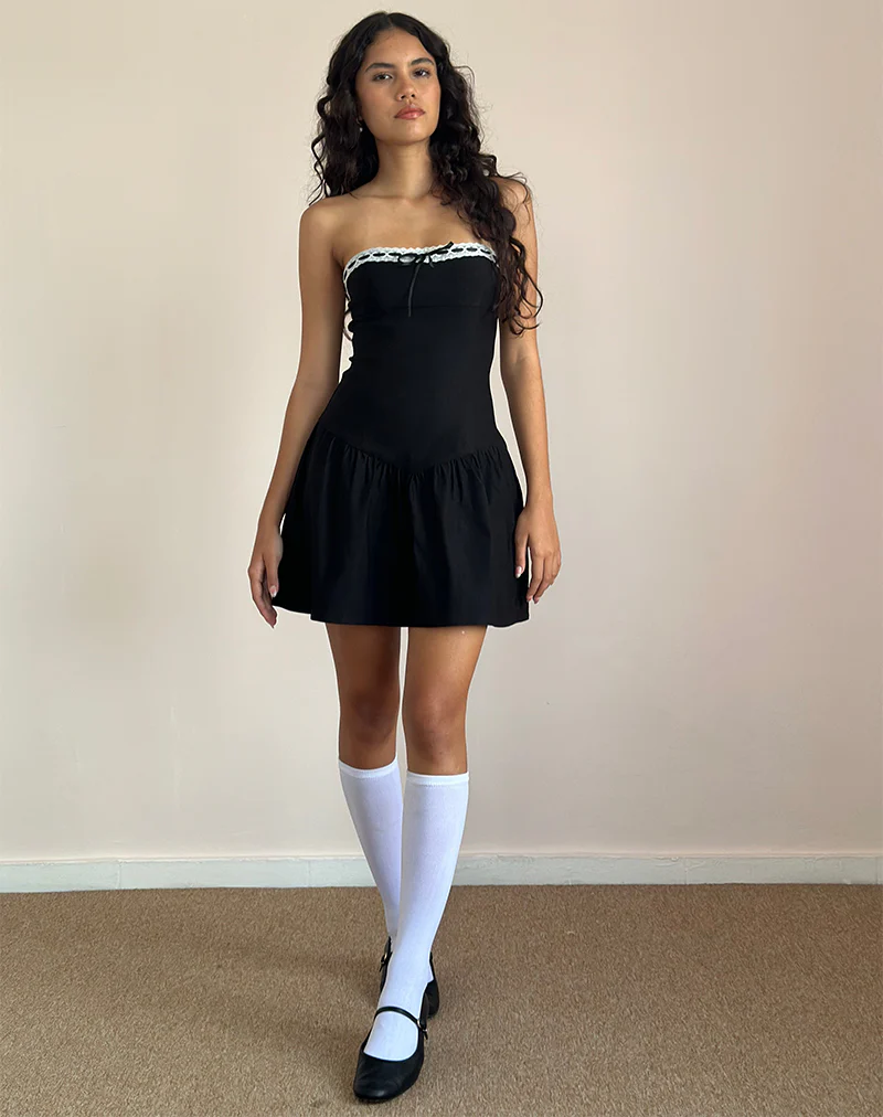 Manisha Mini Dress in Black with White Trim - Awmao