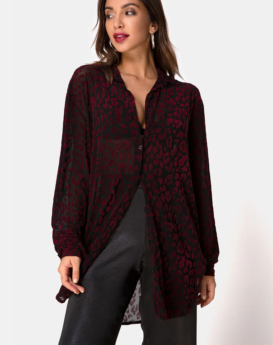 Phobe Shirt in Red Leopard Flock Net - Awmao