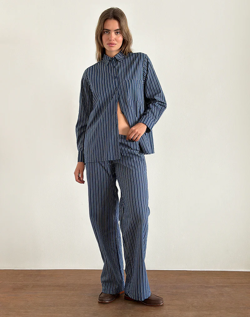 Lirura Wide Leg Trousers in Indigo Stripe Dark Blue - Awmao
