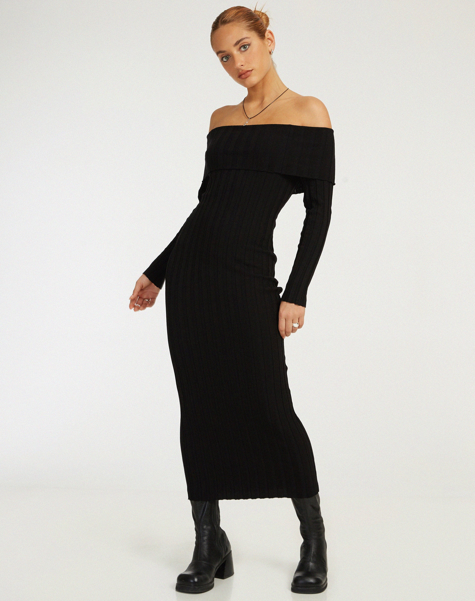 Jesuita Bardot Knitted Midi Dress in Black - Awmao