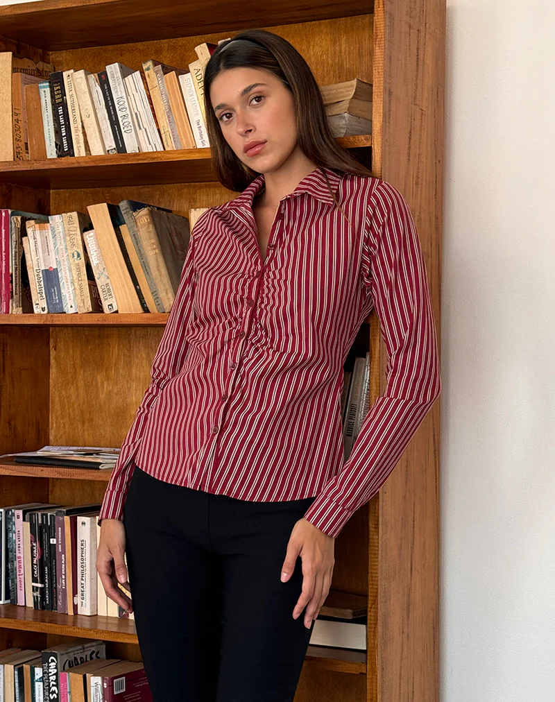 Tarsi Fitted Shirt in Maroon Stripe - Awmao