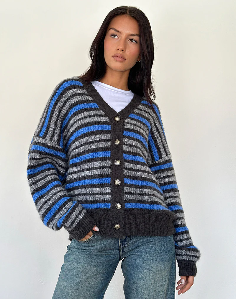 Uriela Cardigan in Light Grey and Blue Grey Stripe - Awmao