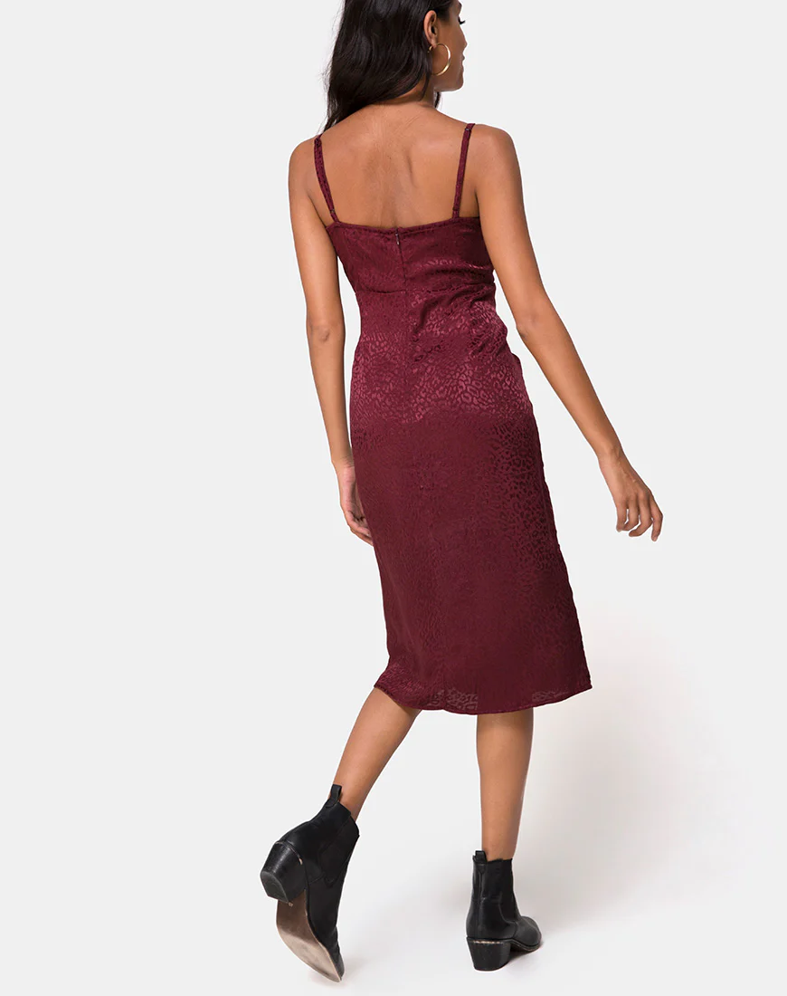 Kaoya Midi Dress in Satin Cheetah Burgundy - Awmao