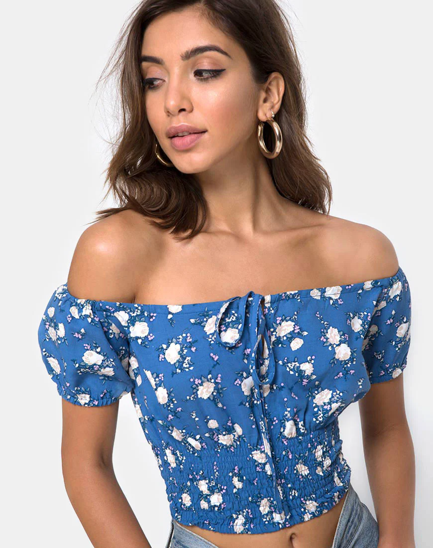 Evane Crop Top in Soheila Floral Blue - Awmao
