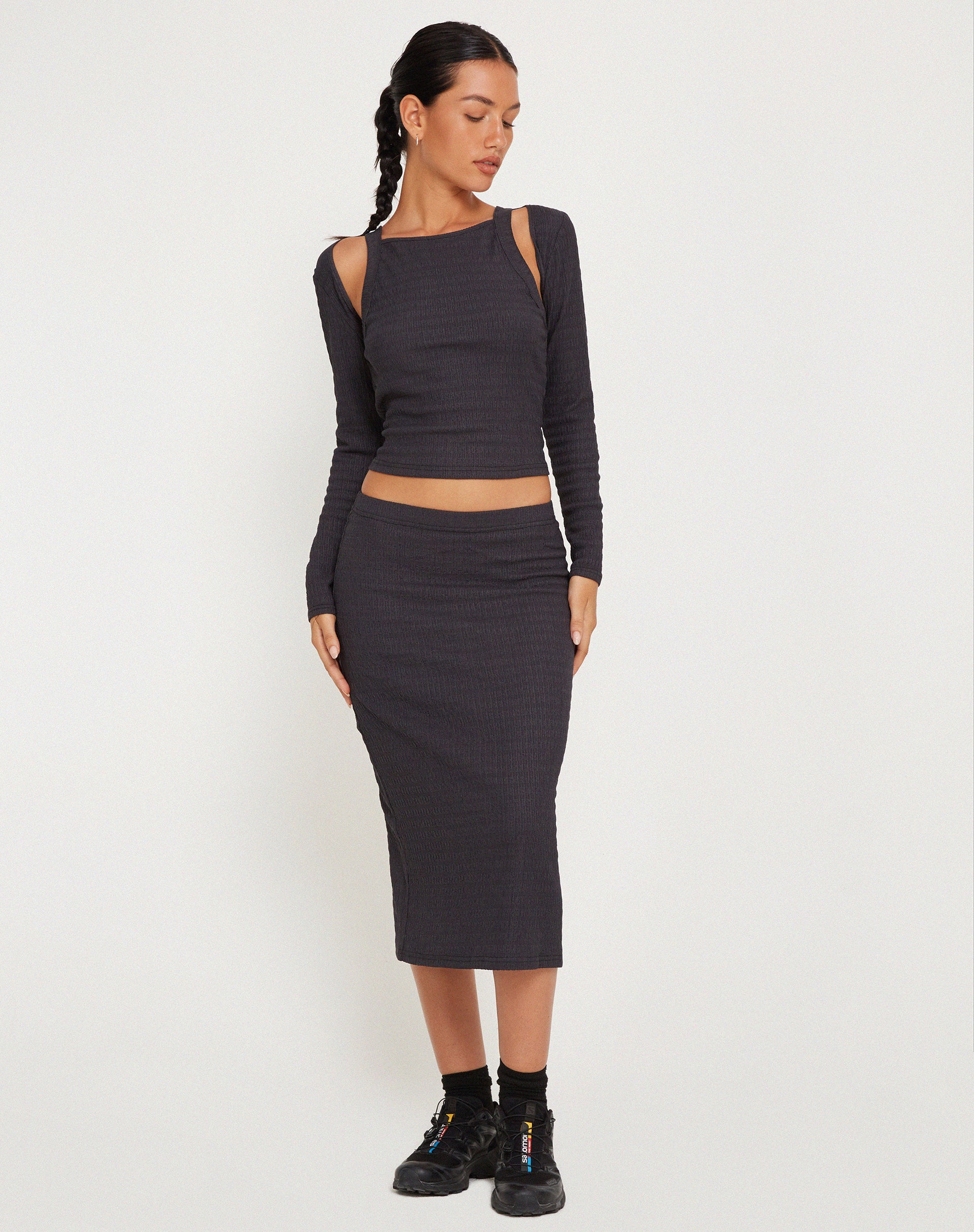 Hadley Midi Skirt in Crinkle Charcoal - Awmao