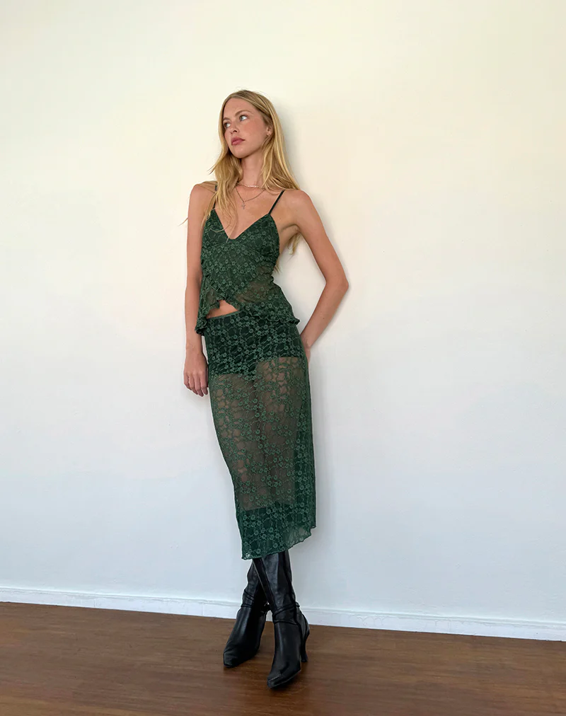 Diri Unlined Midi Skirt in Sage Canina Rose Lace - Awmao
