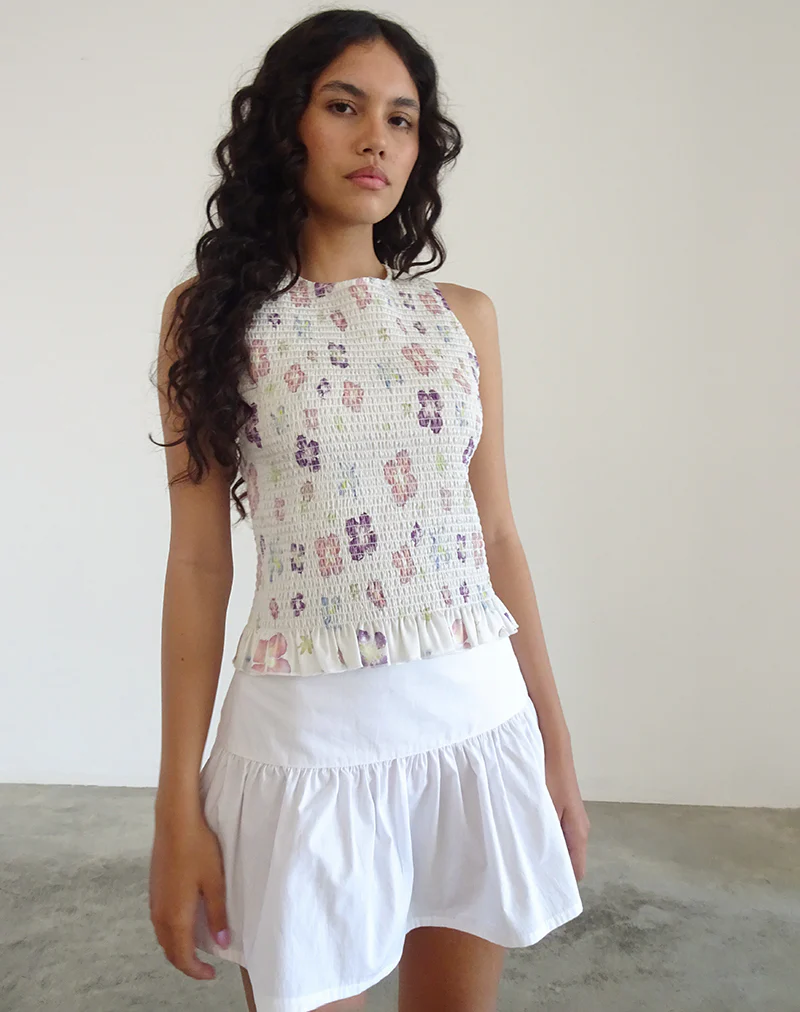 Kagumi Shirred Top in Flower Stamp Purple - Awmao