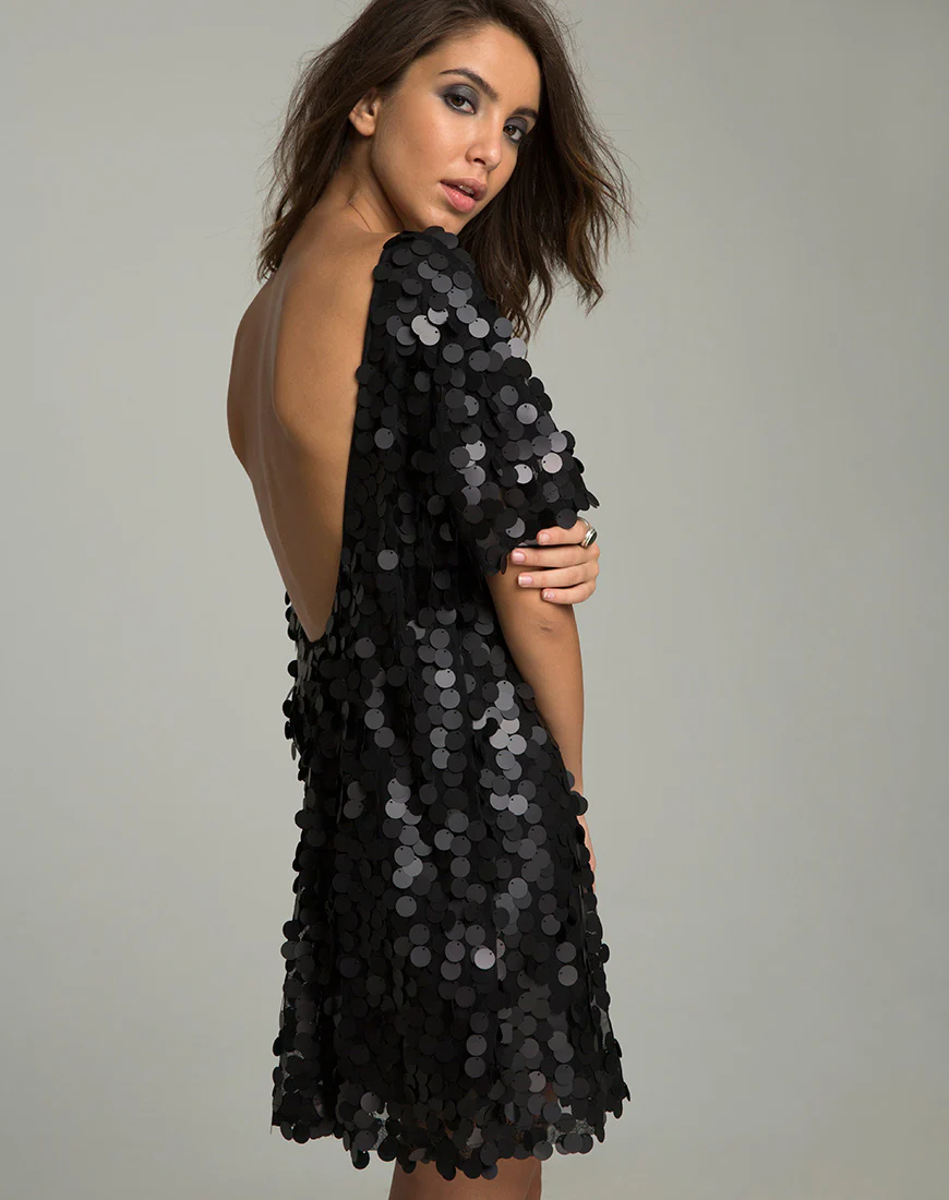 Mausi T Shirt Dress in Disc Sequin Matte Black - Awmao