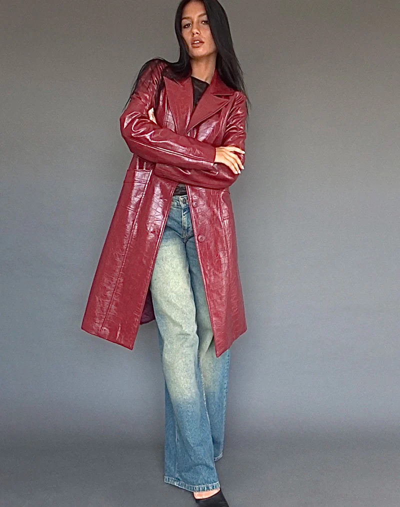 Abigail Coat in Matte PU Croc Burgundy - Awmao