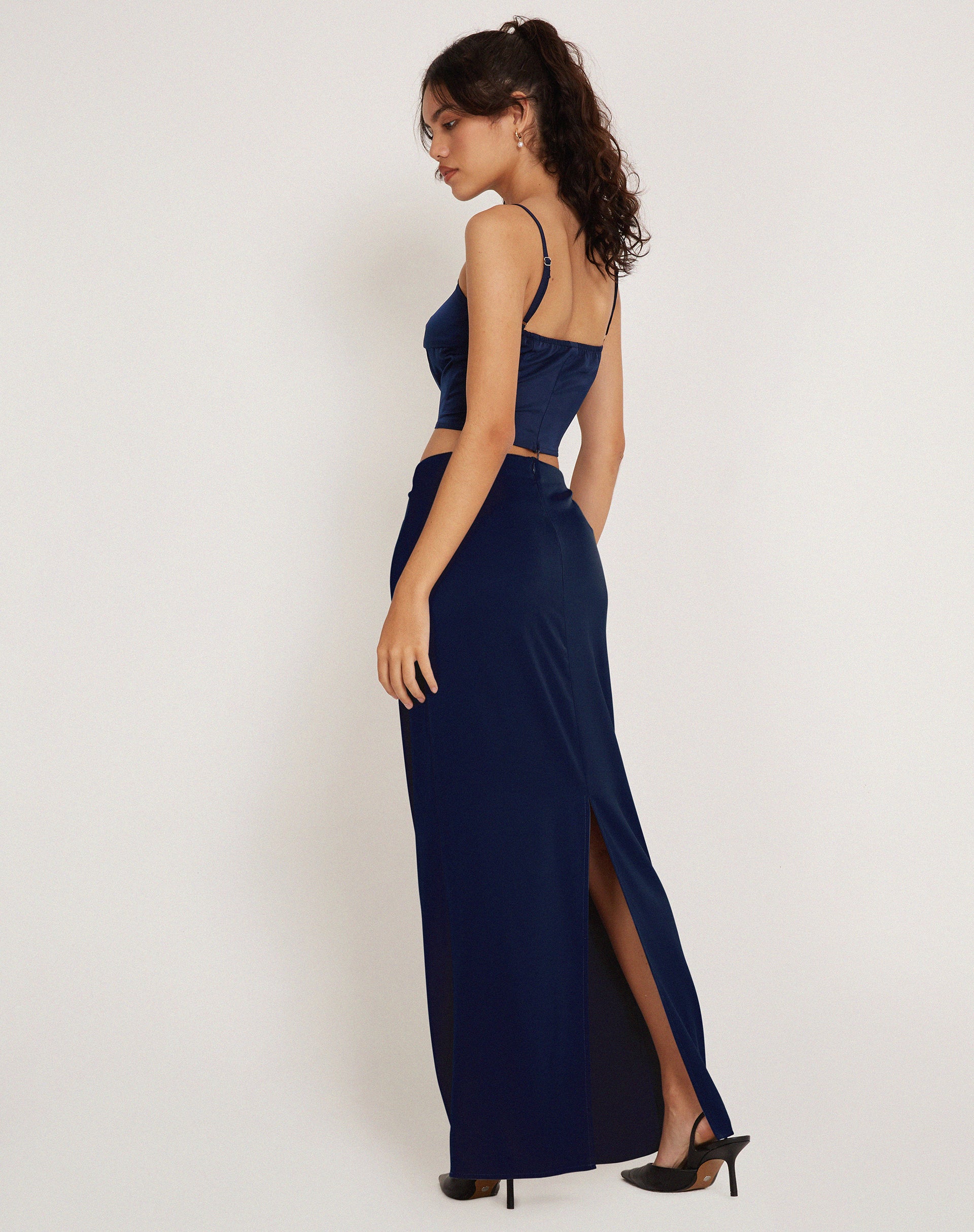 Layla Maxi Skirt in Satin Midnight Navy Blue - Awmao