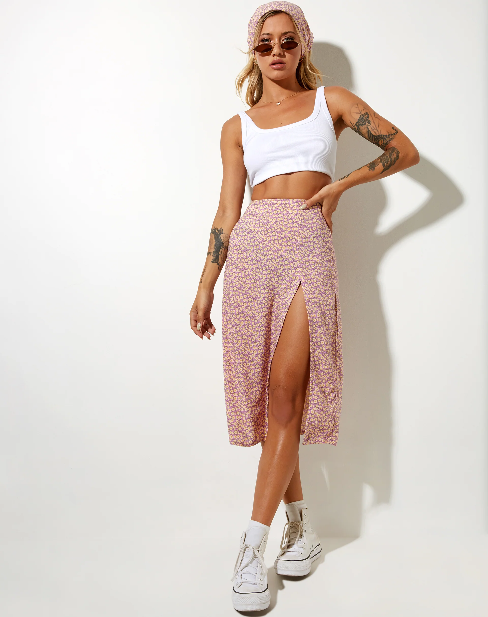 Seko Midi Skirt in Flower Fun Lilac Lemon - Awmao