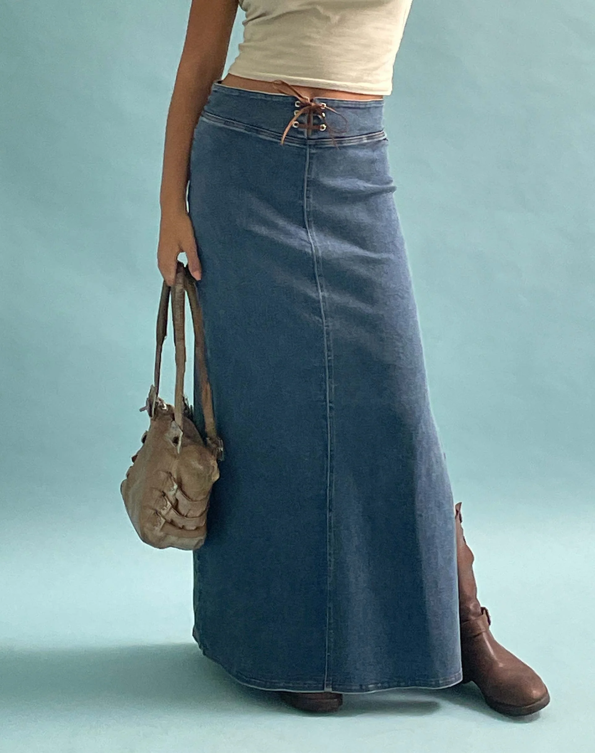 Lafille Denim Maxi Skirt in Blue Wash - Awmao