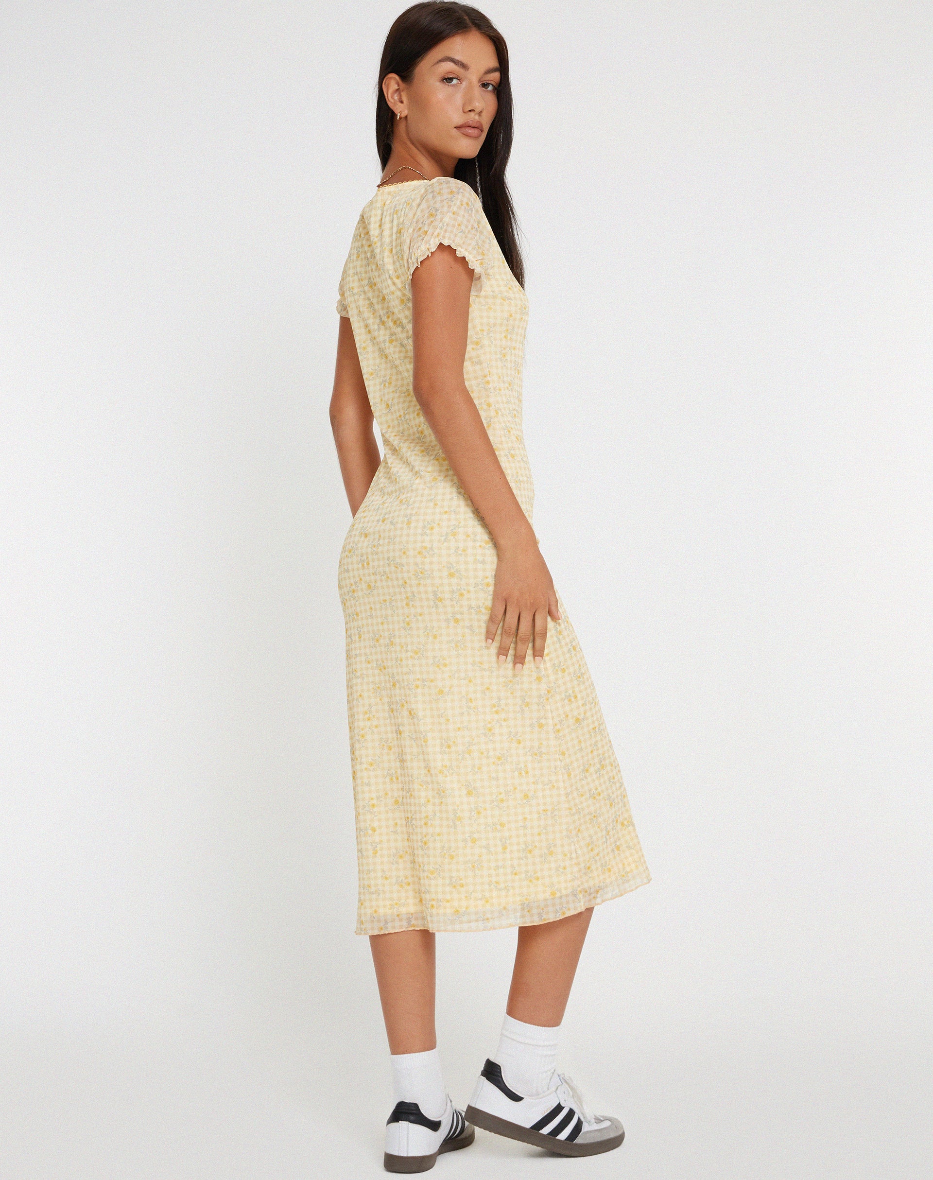 Aroha Midi Dress in Gingham Floral Yellow - Awmao