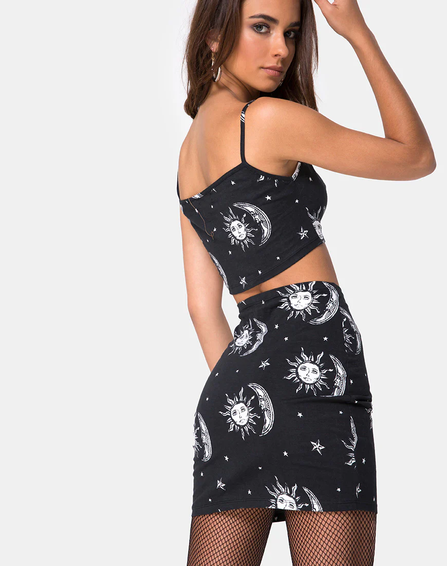 Kimmy Bodycon Skirt in Sun Moon Stars BW - Awmao