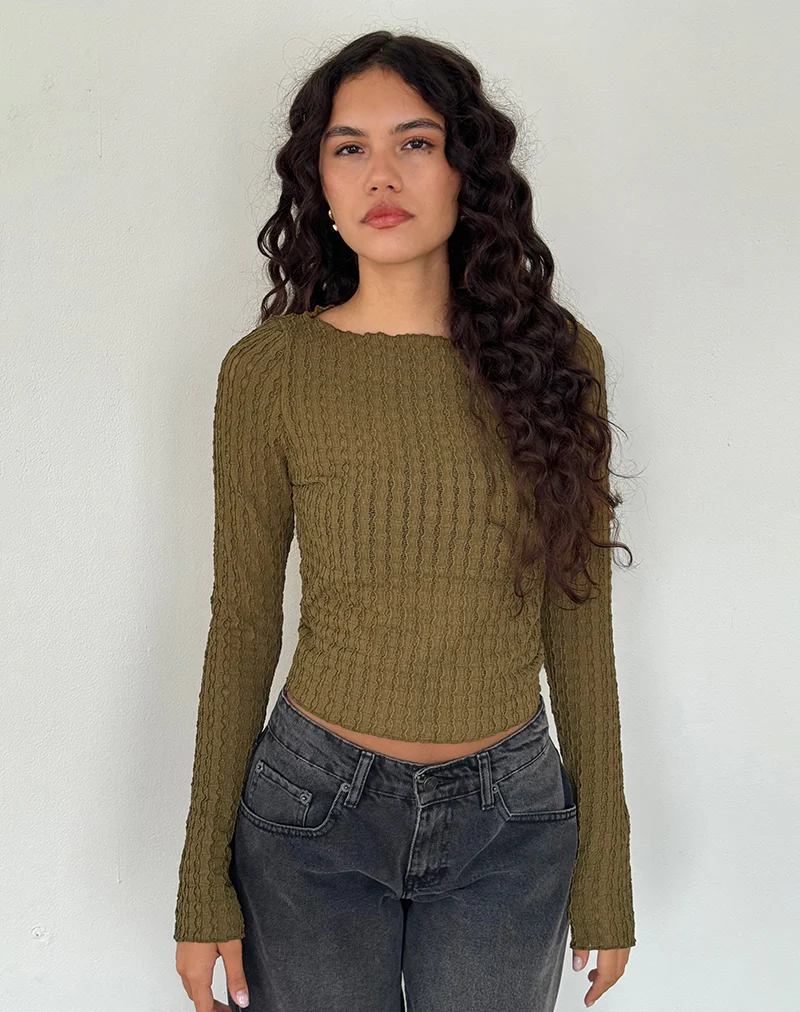 Angela Long Sleeve Top in Crinkle Olive - Awmao