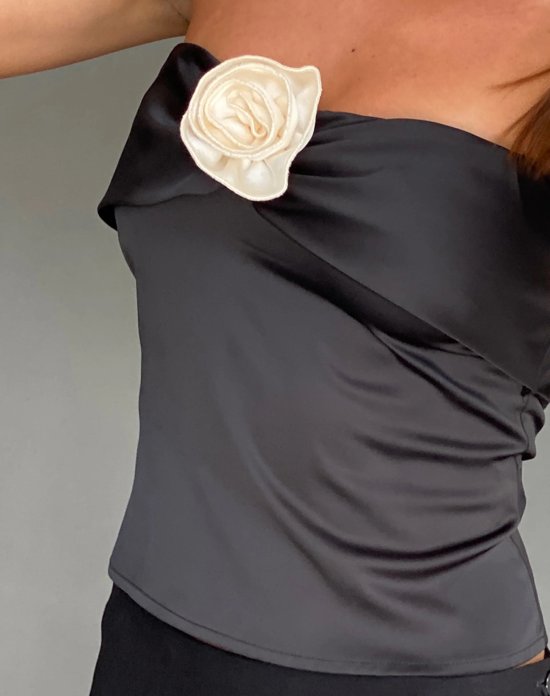 Astrum Bandeau Satin Top in Black with Rosette - Awmao