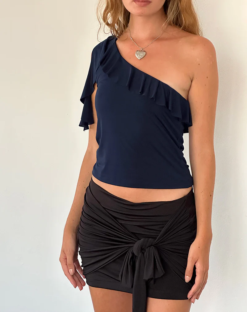 Polly Asymmetric Frill Top in Navy - Awmao