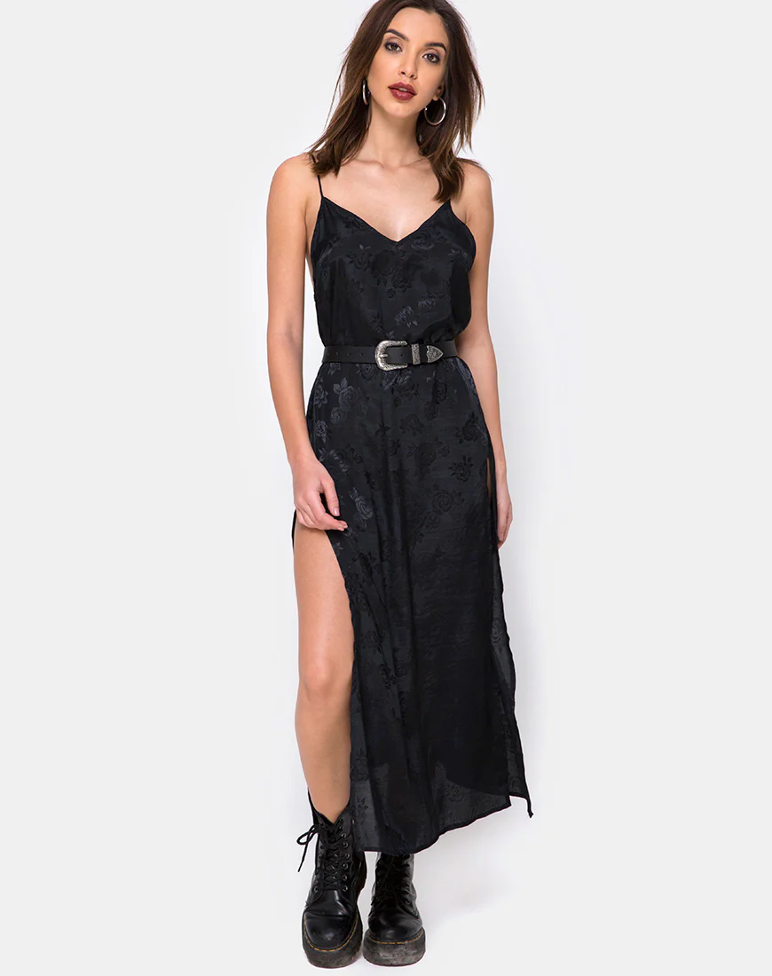 Hime Maxi Dress in Satin Black Rose - Awmao