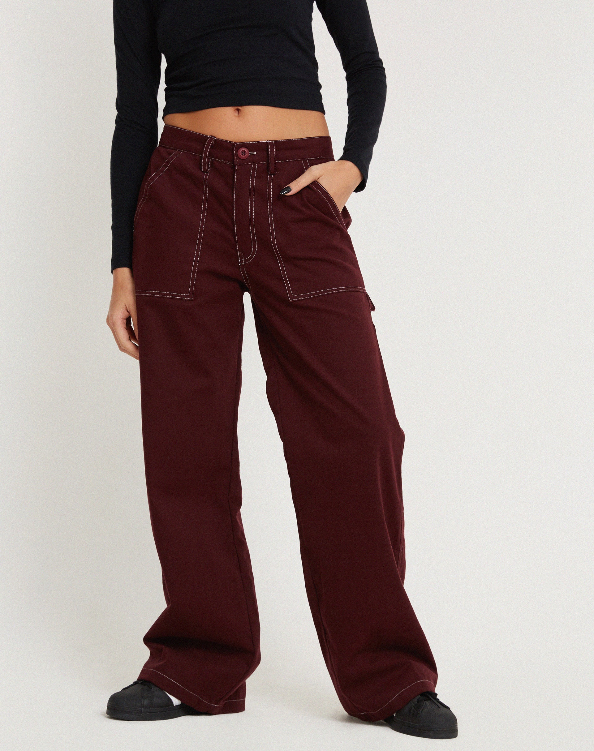 Kusnaedi Wide Leg Trouser in Redwood and White Top Stitch - Awmao