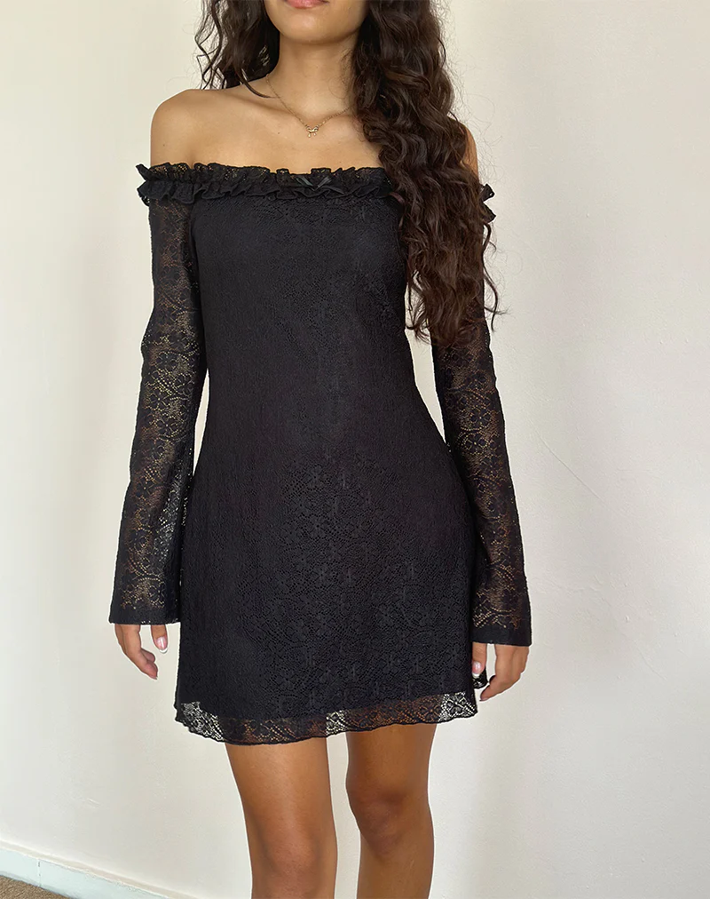 Severine Bardot Mini Dress Lace Black - Awmao