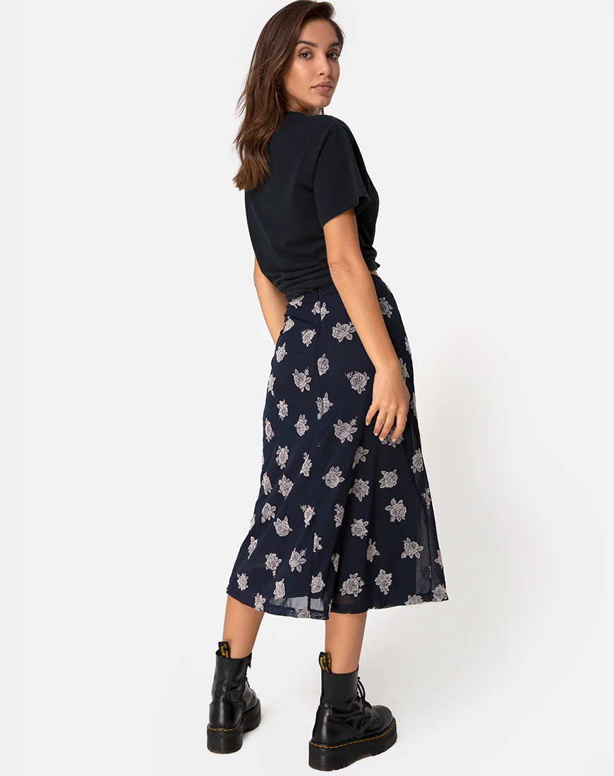 Tauri Midi Skirt in Black Flock Rose - Awmao
