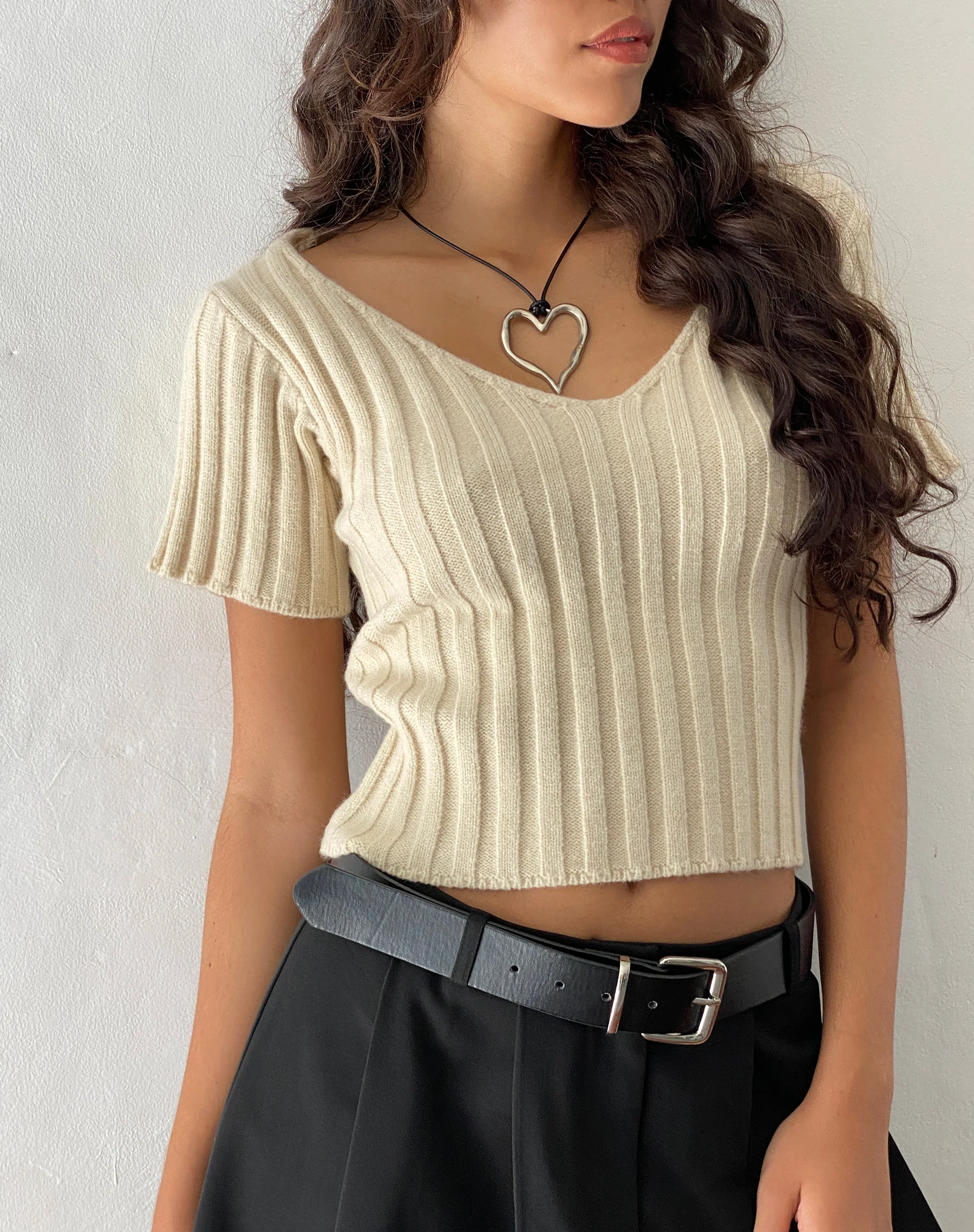Estella Short Sleeve Knitted Top in Natural Oat - Awmao