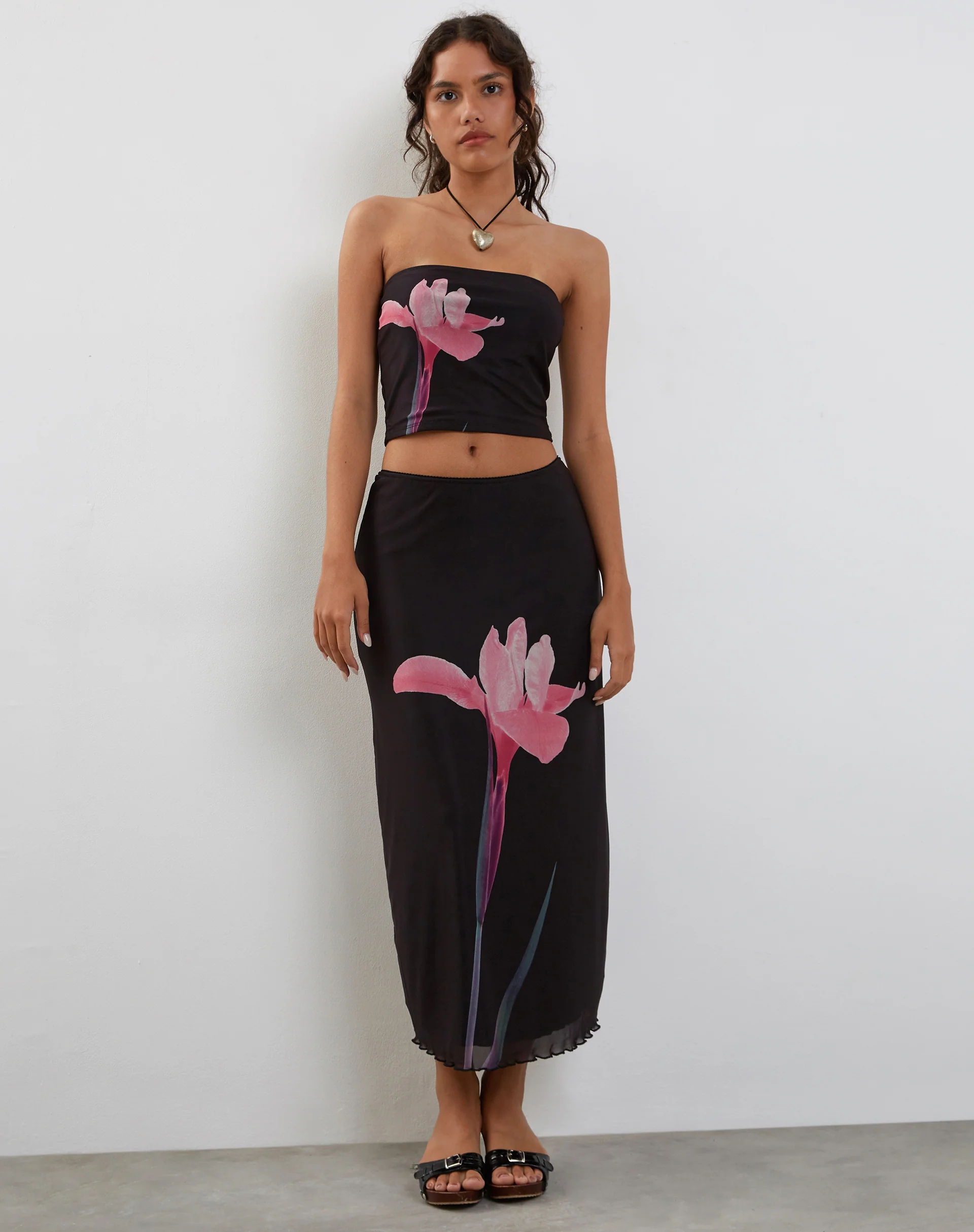 Shae Bandeau Top in Black with Pink Flower Placement - Awmao