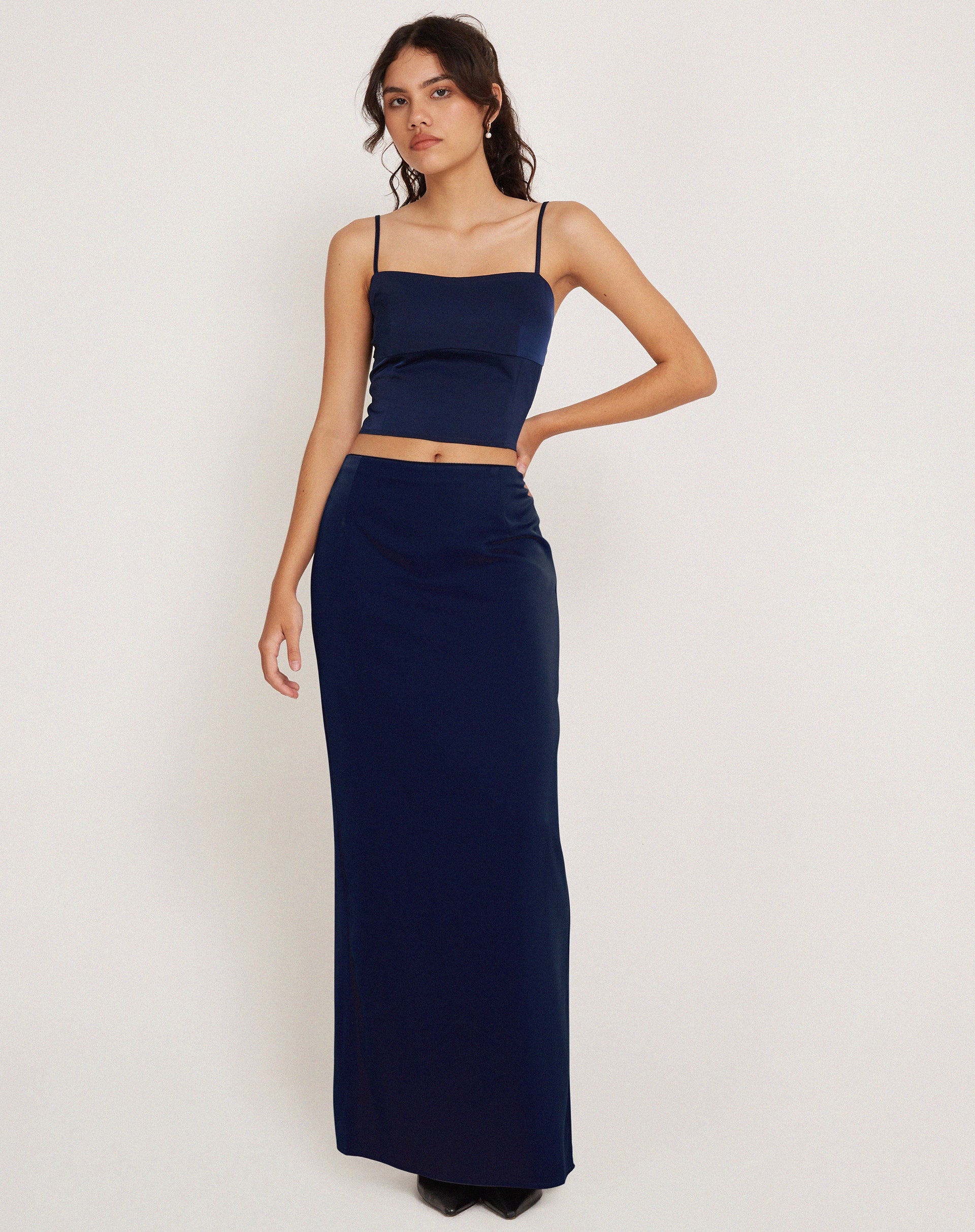 Layla Maxi Skirt in Satin Midnight Navy Blue - Awmao
