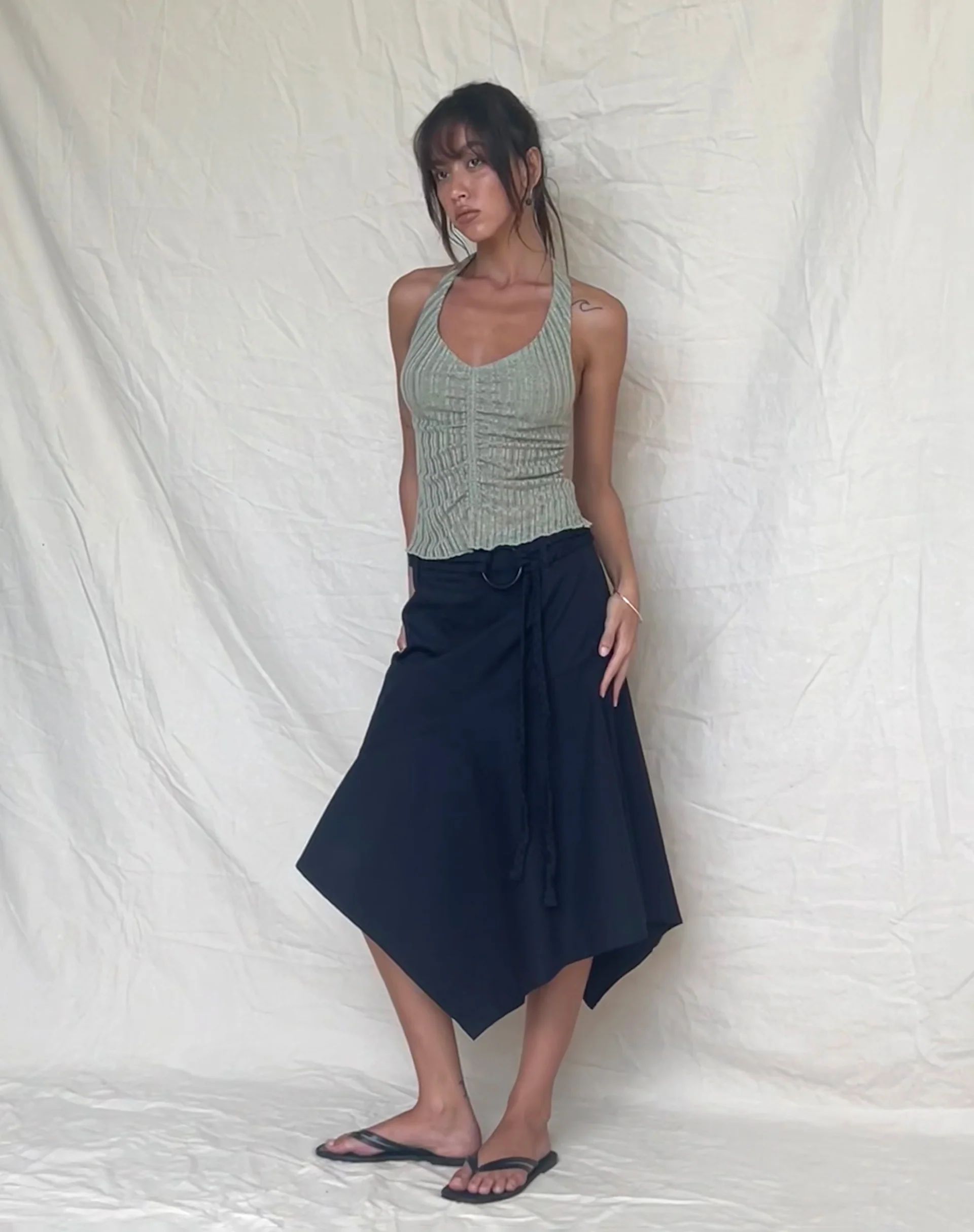 Nejusi Asymmetric Midi Skirt in Black with Braided Belt - Awmao
