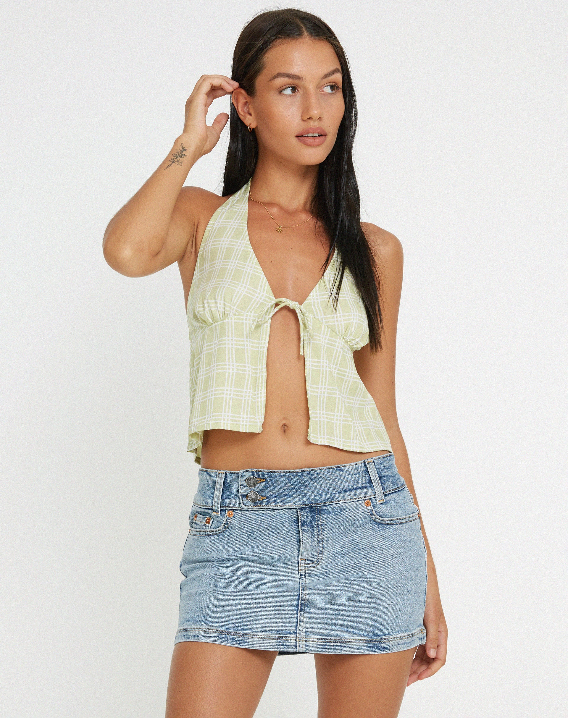 Roula Halter Top in Sage Check - Awmao