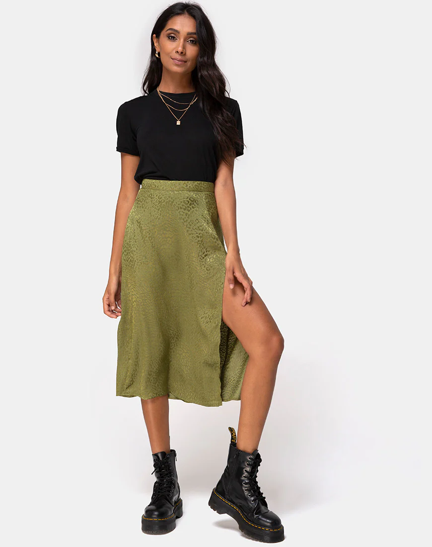 Saika Midi Skirt in Satin Cheetah Khaki - Awmao
