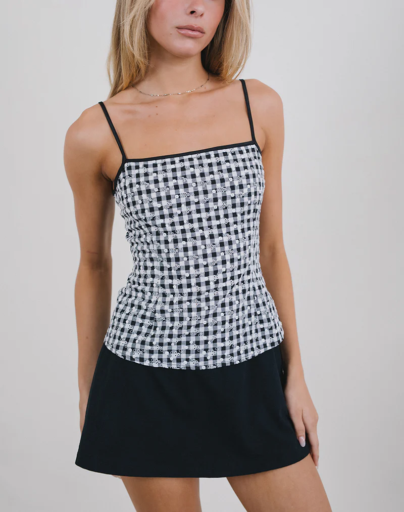 Jeiha Cami Top in Floral Gingham Black - Awmao