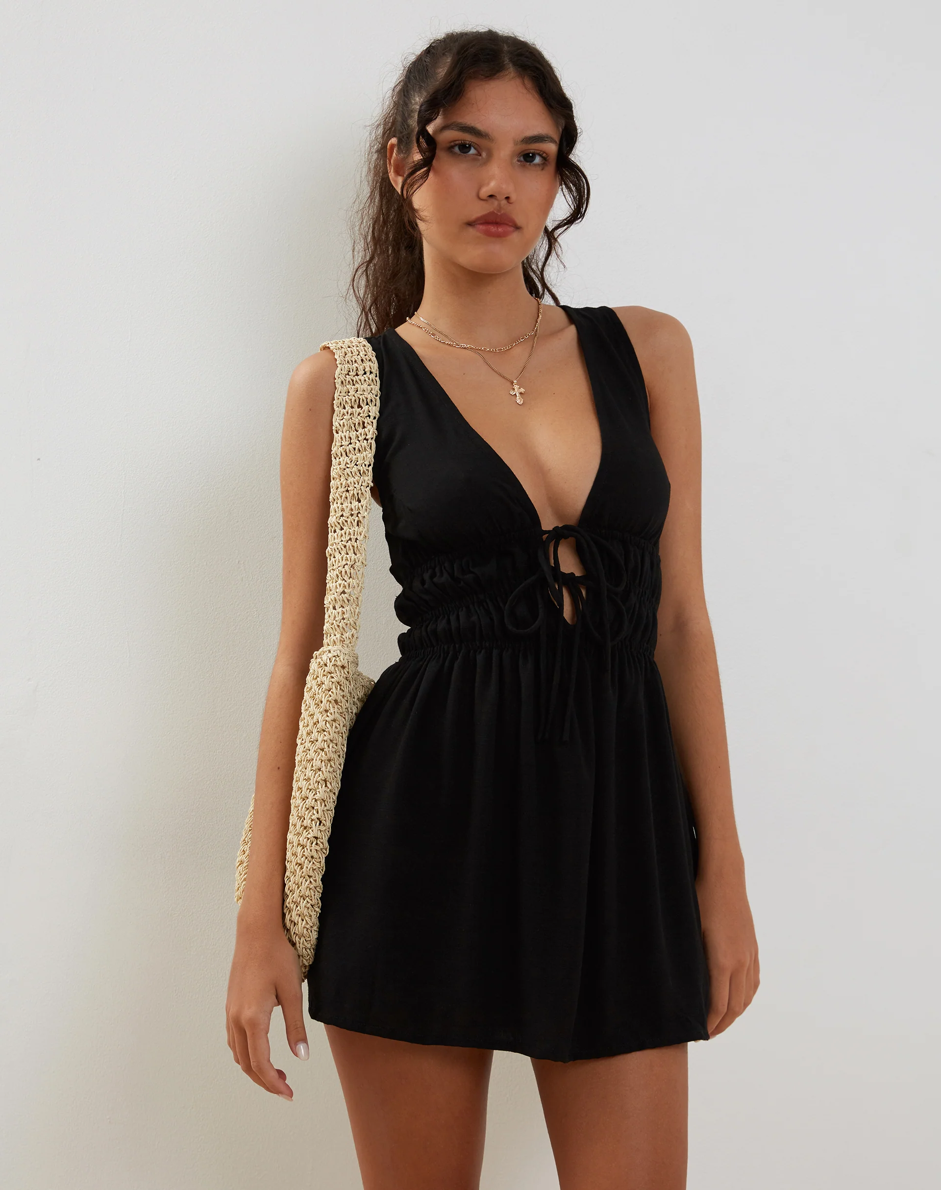 Valhala Front Tie Mini Dress in Black - Awmao
