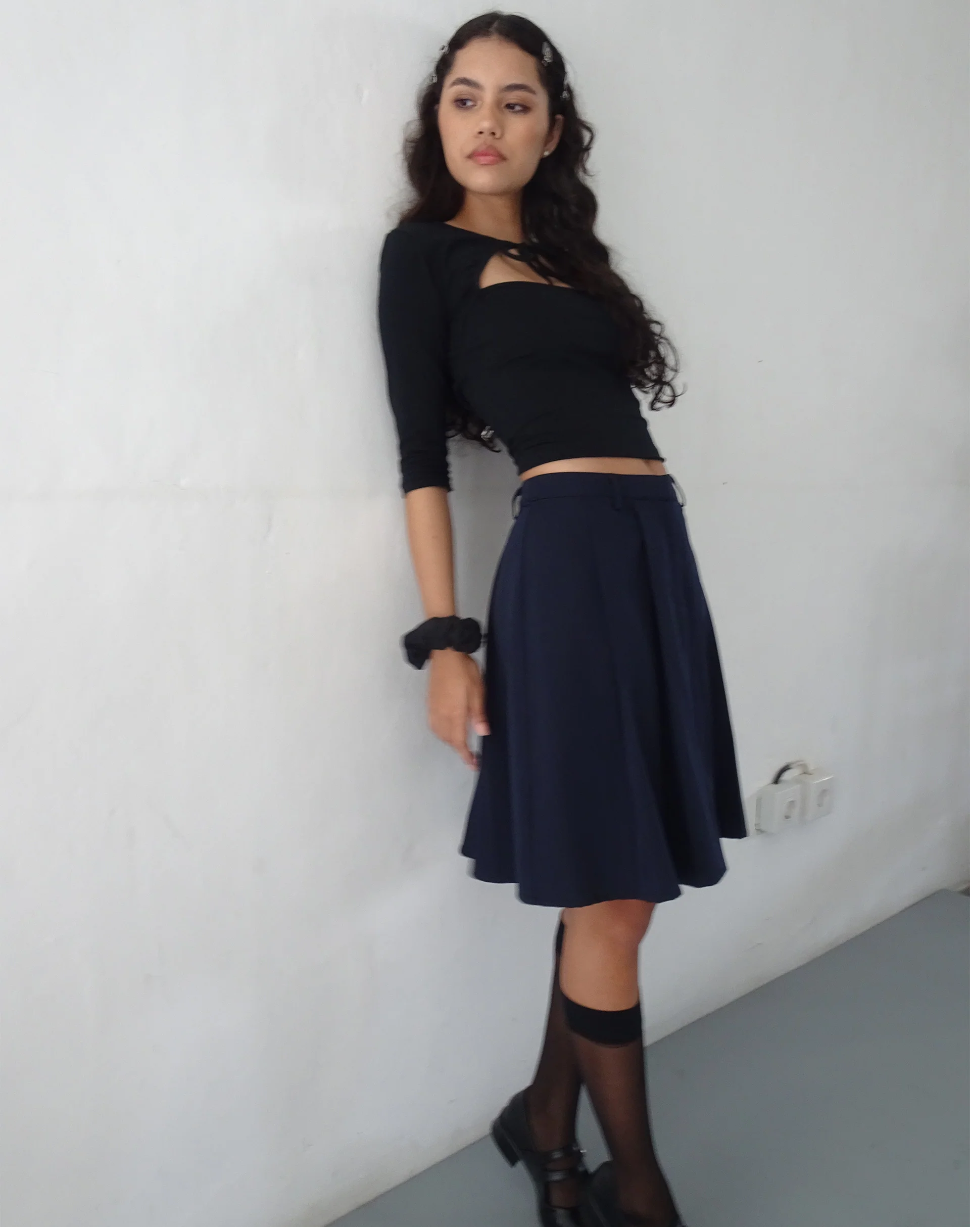 Colette Pleated Knee Length Skirt in Navy - Awmao